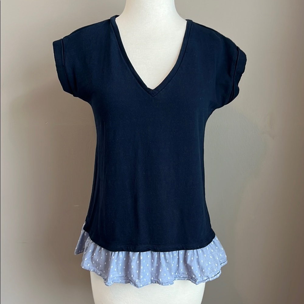 LOFT Navy Blue Blouse with Light Blue Polka Dot Hem